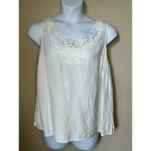Catherine's Linen Blend Sleeveless Top with lace neckline in Cream Women's Size